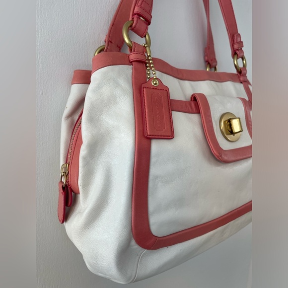 Y2K Coach Cricket Medium White Coral Pink Leather Tote Shoulder Bag Purse - Picture 2 of 16